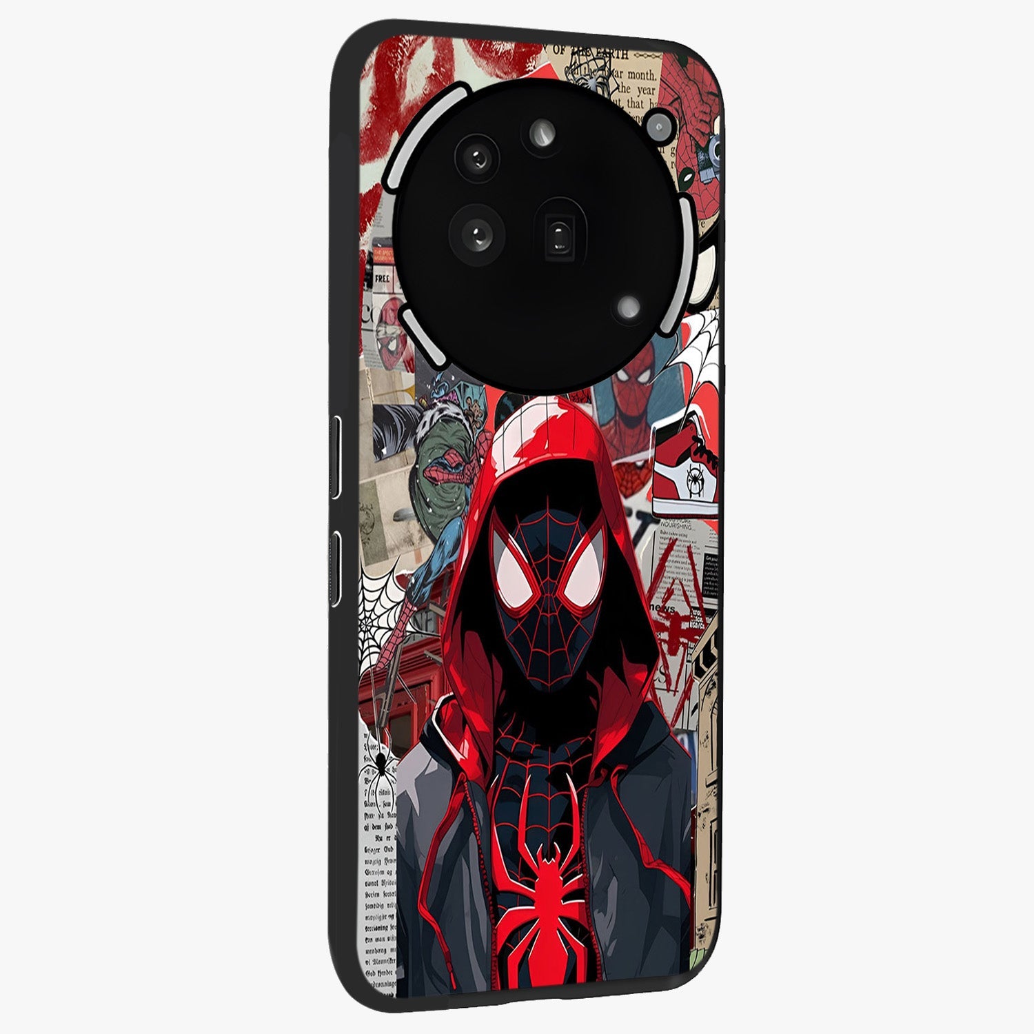 Spider Collage Street Glass Case upright view showcasing bold superhero artwork with urban street theme.