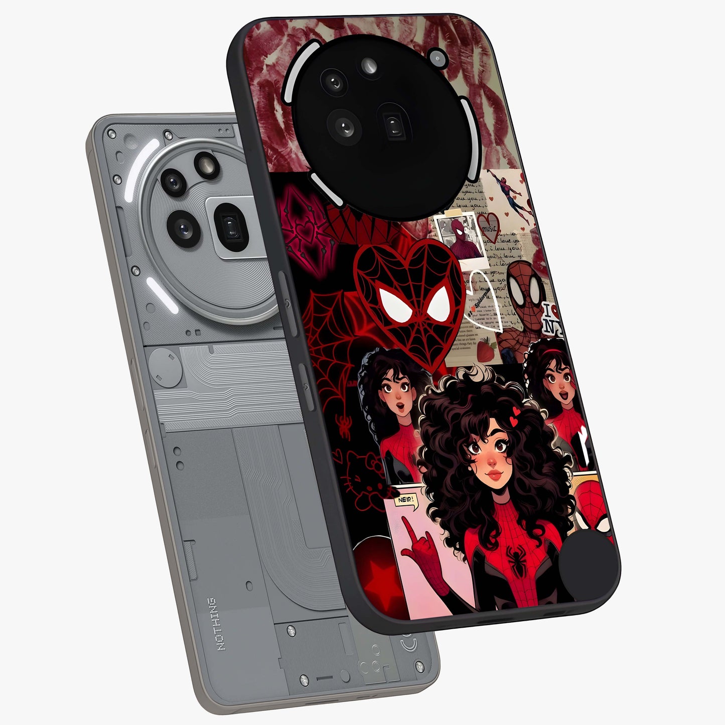 Spider Love Story Glass Case displayed in angled mockup highlighting expressive comic inspired design with playful aesthetic.