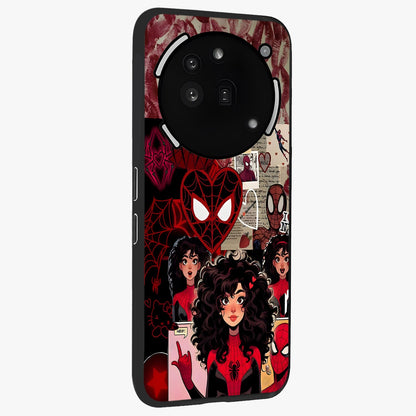 Spider Love Story Glass Case upright view showcasing charming superhero artwork with romantic comic theme.