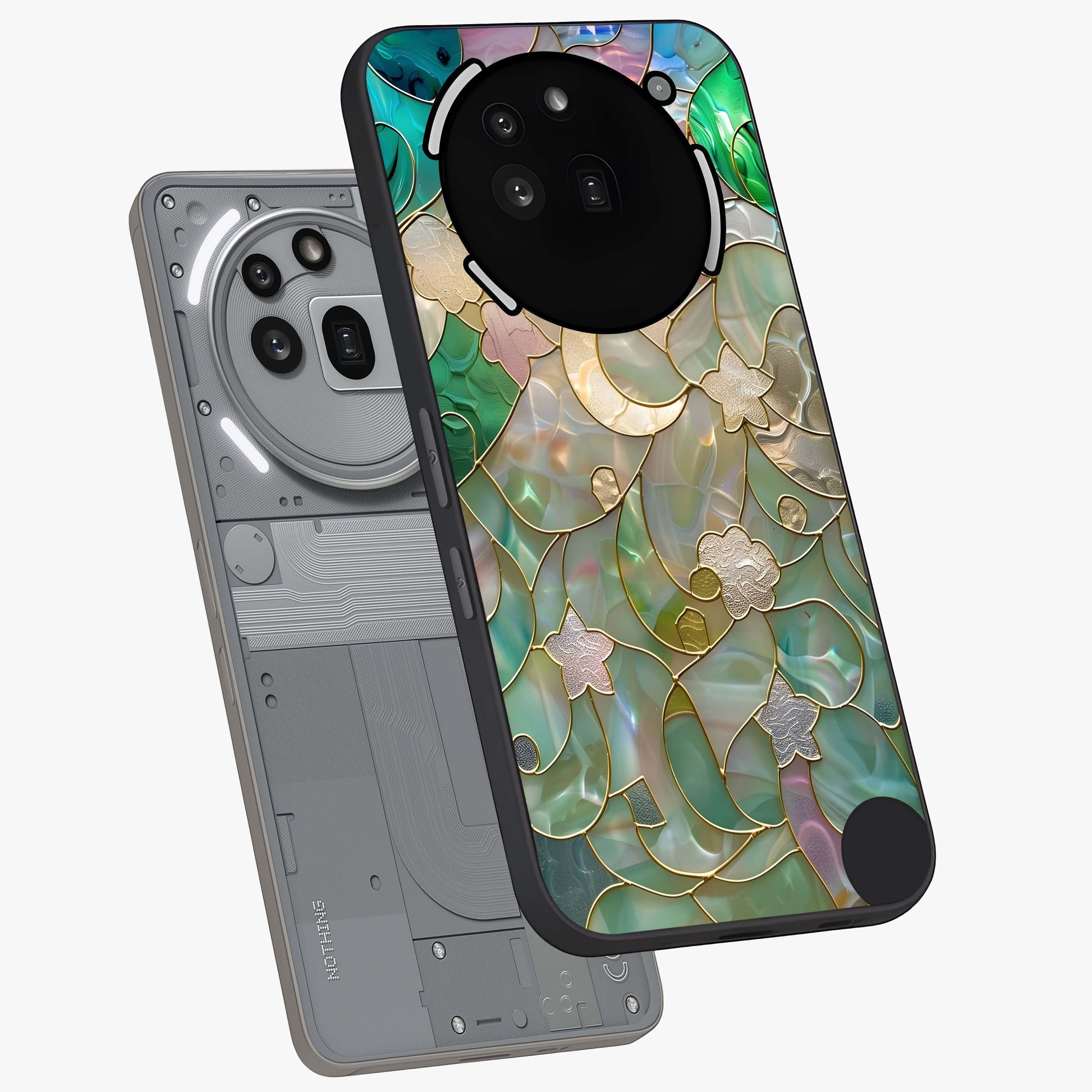 Stained Sunrise Glow Glass Case displayed in angled mockup highlighting radiant sunrise design with artistic aesthetic style.