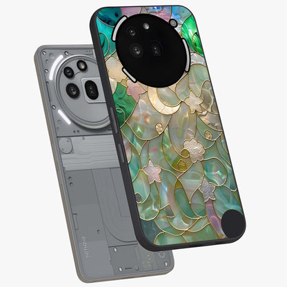 Stained Sunrise Glow Glass Case displayed in angled mockup highlighting radiant sunrise design with artistic aesthetic style.