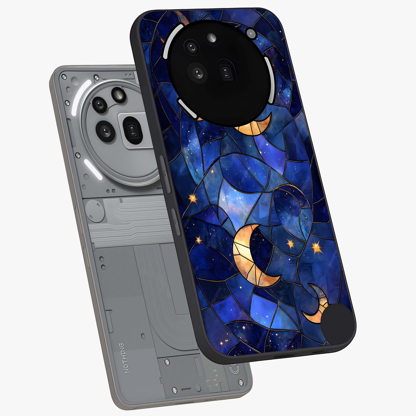 Starlit Sky Tapestry Glass Case displayed in angled mockup highlighting celestial night pattern with artistic aesthetic style.