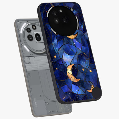 Starlit Sky Tapestry Glass Case displayed in angled mockup highlighting celestial night pattern with artistic aesthetic style.