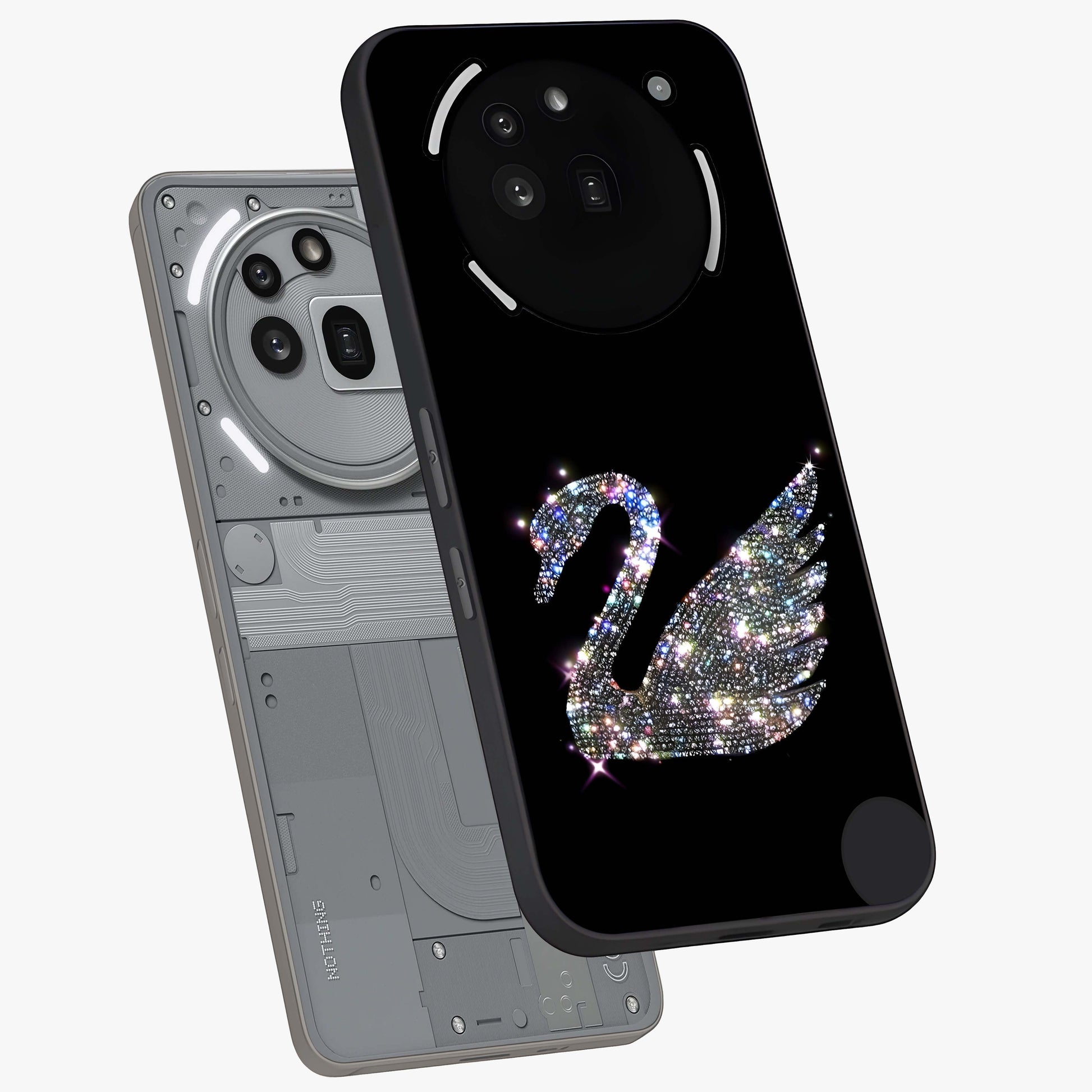 Starlit Swan Grace Glass Case displayed in angled mockup highlighting elegant swan illustration with dreamy celestial aesthetic.