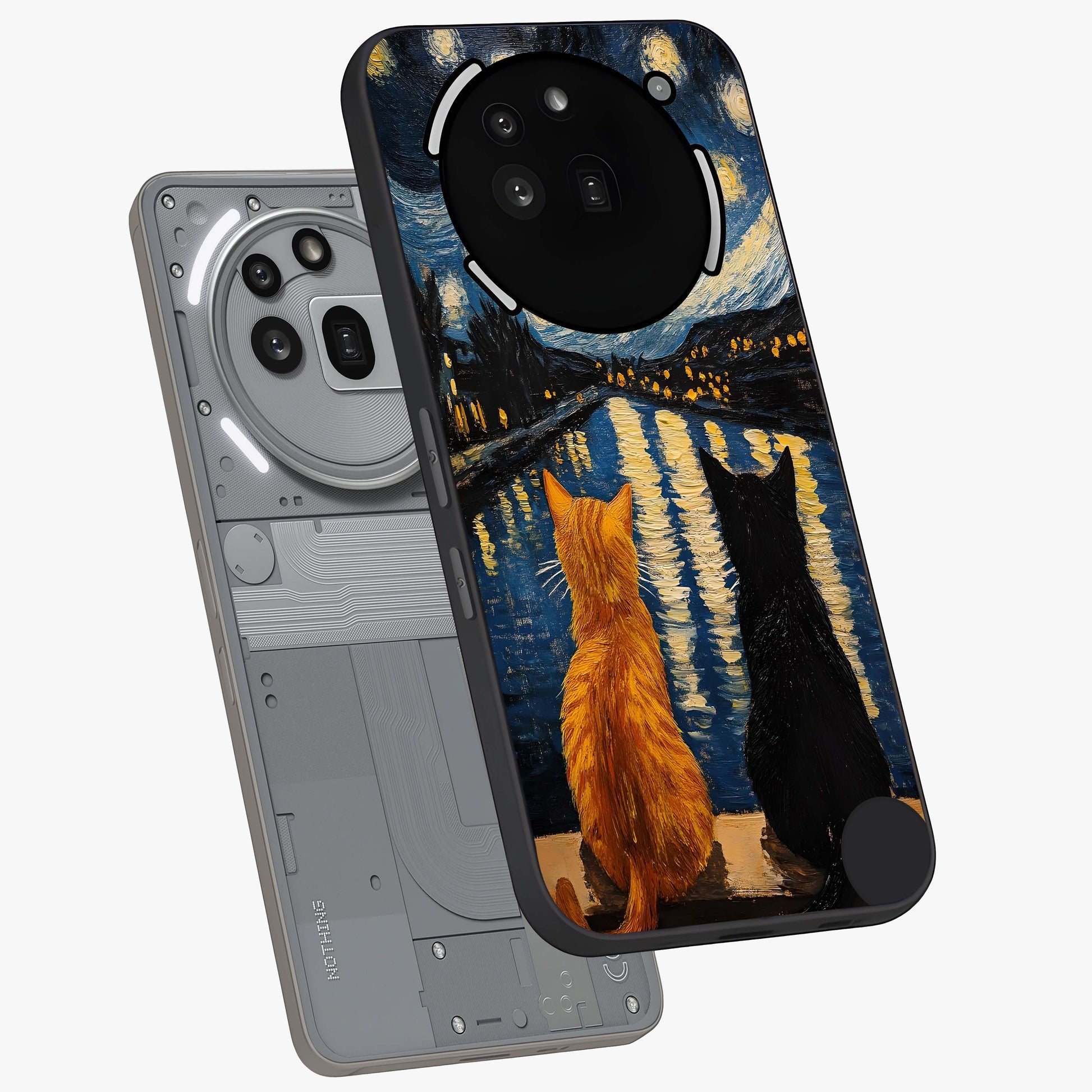 Starry River Cats Glass Case displayed in angled mockup highlighting charming feline illustration with dreamy night aesthetic.
