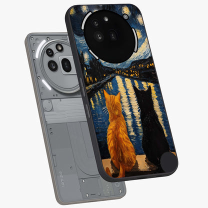 Starry River Cats Glass Case displayed in angled mockup highlighting charming feline illustration with dreamy night aesthetic.