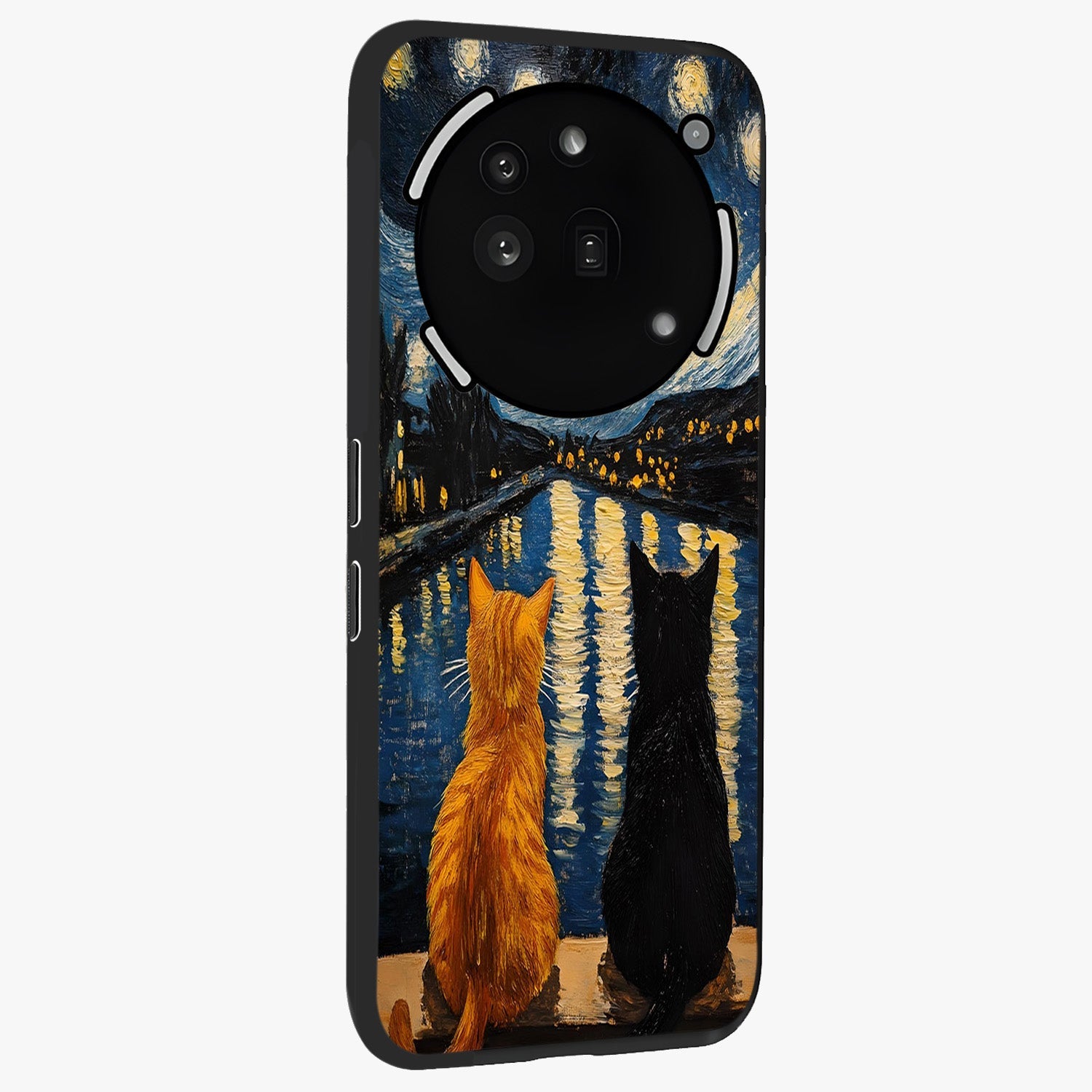 Starry River Cats Glass Case upright view showcasing adorable cat artwork with magical river and stars theme.