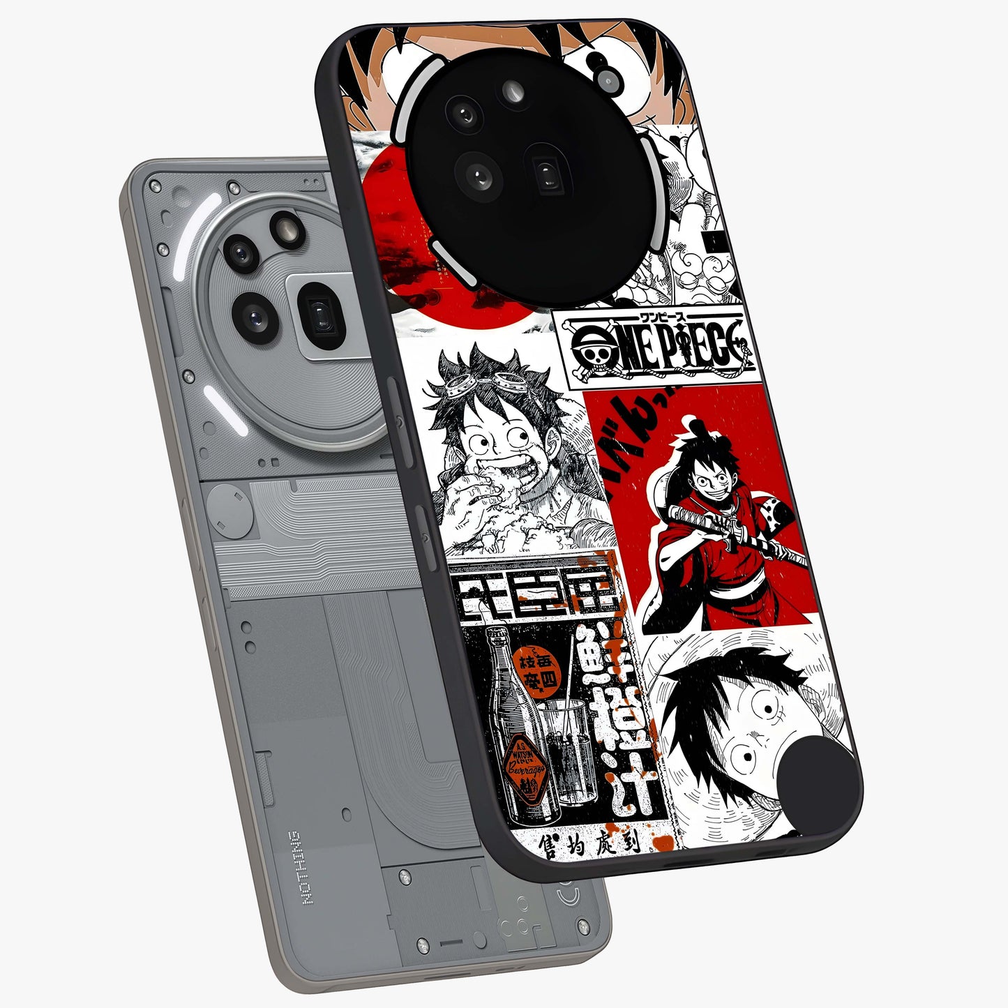 Strawhat Chaos Panels Glass Case displayed in angled mockup highlighting vibrant anime collage design with action aesthetic.