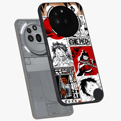 Strawhat Chaos Panels Glass Case displayed in angled mockup highlighting vibrant anime collage design with action aesthetic.