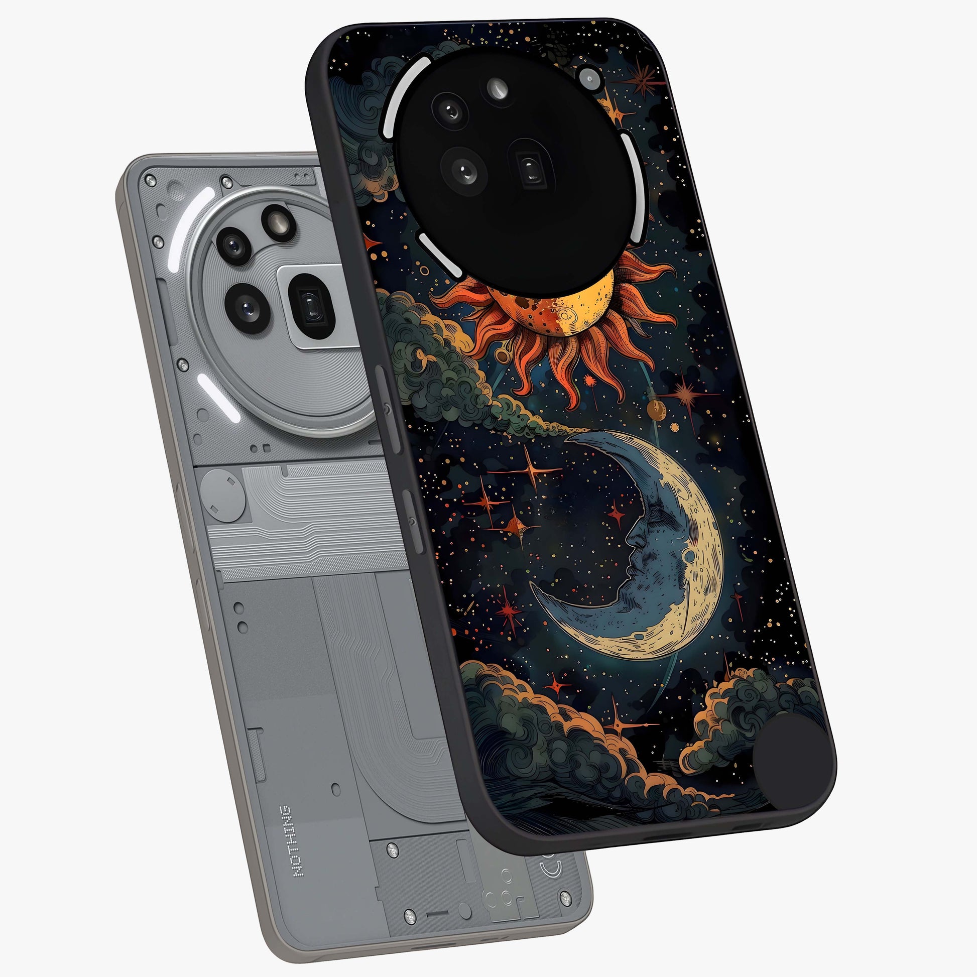 Sun And Moon Magic Design Glass Case displayed in angled mockup highlighting celestial design with magical cosmic aesthetic.