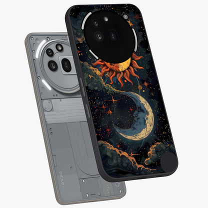 Sun And Moon Magic Design Glass Case displayed in angled mockup highlighting celestial design with magical cosmic aesthetic.