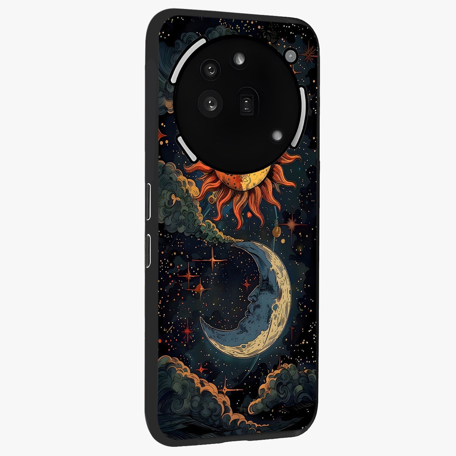 Sun And Moon Magic Design Glass Case upright view showcasing decorative sun and moon artwork with spiritual celestial theme.