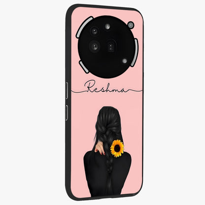 Sunflower Braid Beauty With Custom Name Glass Case upright view showcasing bright sunflower artwork with personalized floral aesthetic.