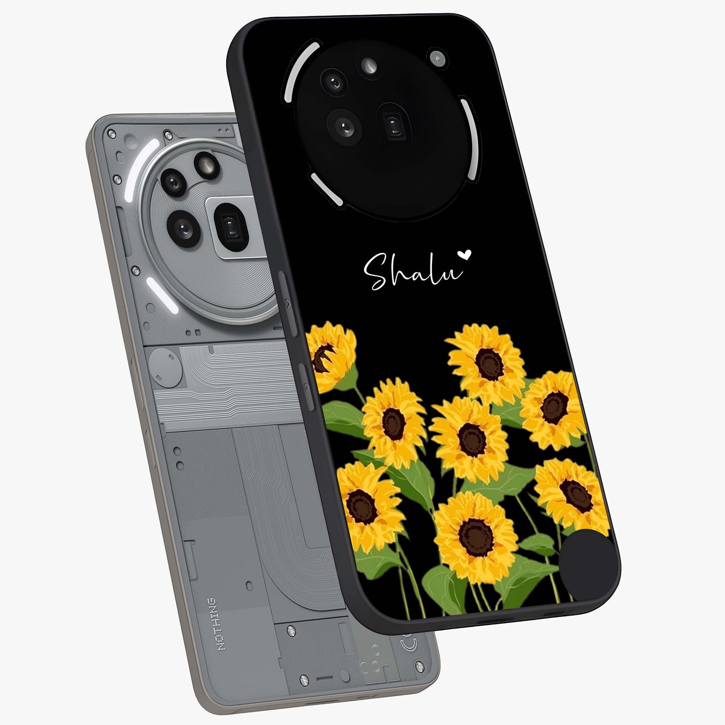 Sunflower Chic Mood Custom Name Glass Case displayed in angled mockup highlighting vibrant sunflower design with custom name feature.