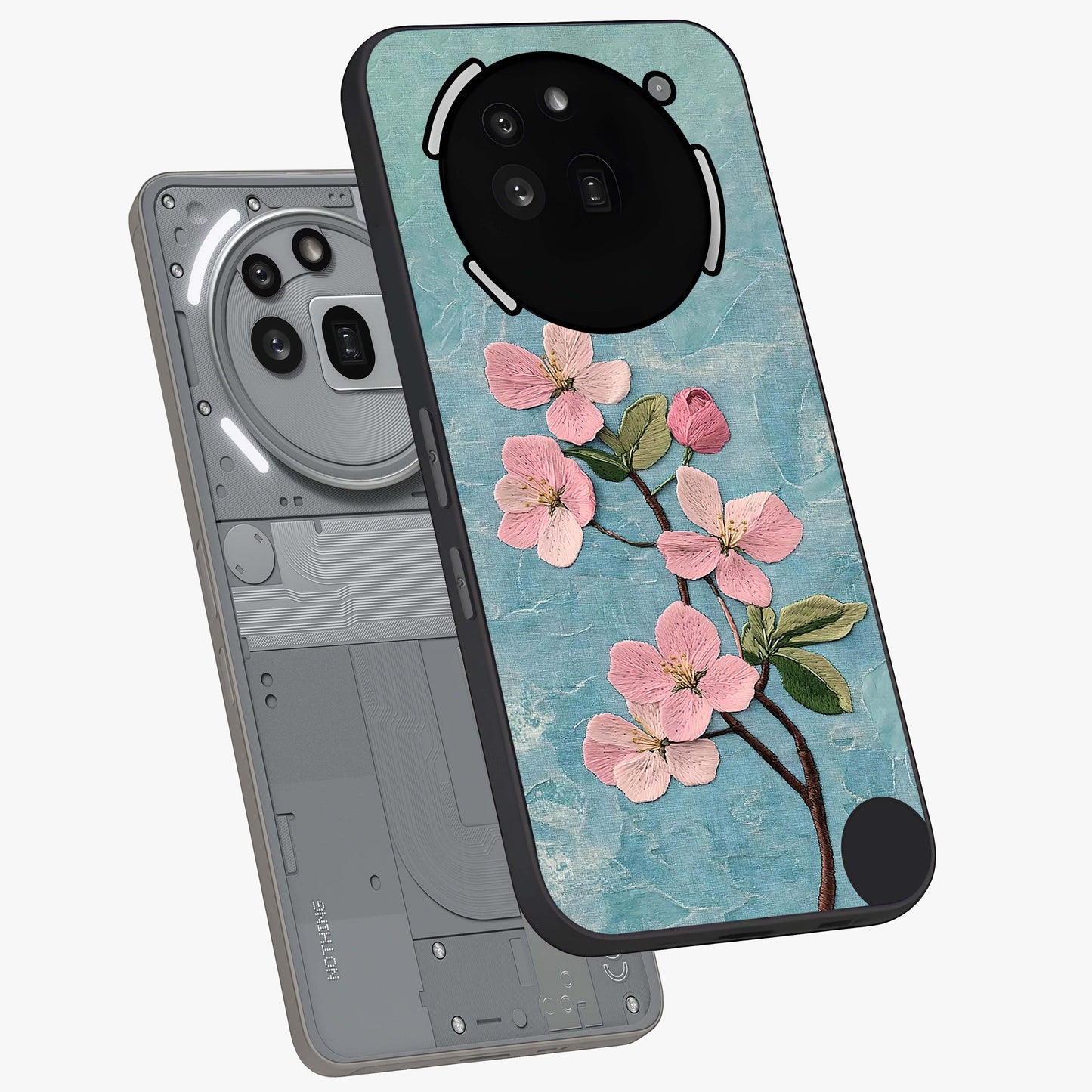 Threaded Blossom Breeze Glass Case displayed in angled mockup highlighting elegant floral design with soft aesthetic style.