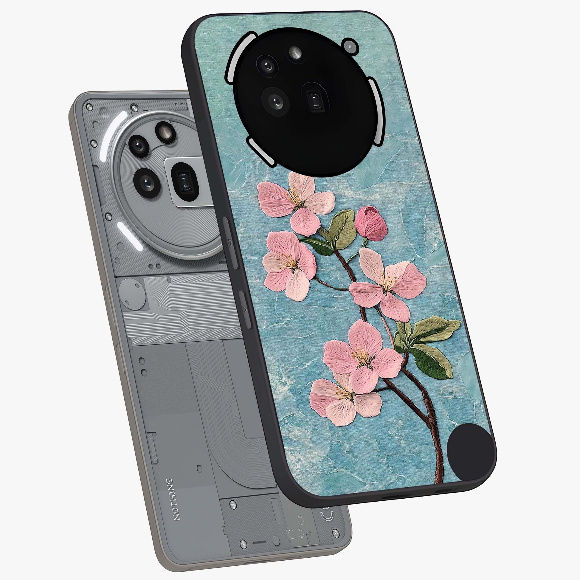Threaded Blossom Breeze Glass Case displayed in angled mockup highlighting elegant floral design with soft aesthetic style.