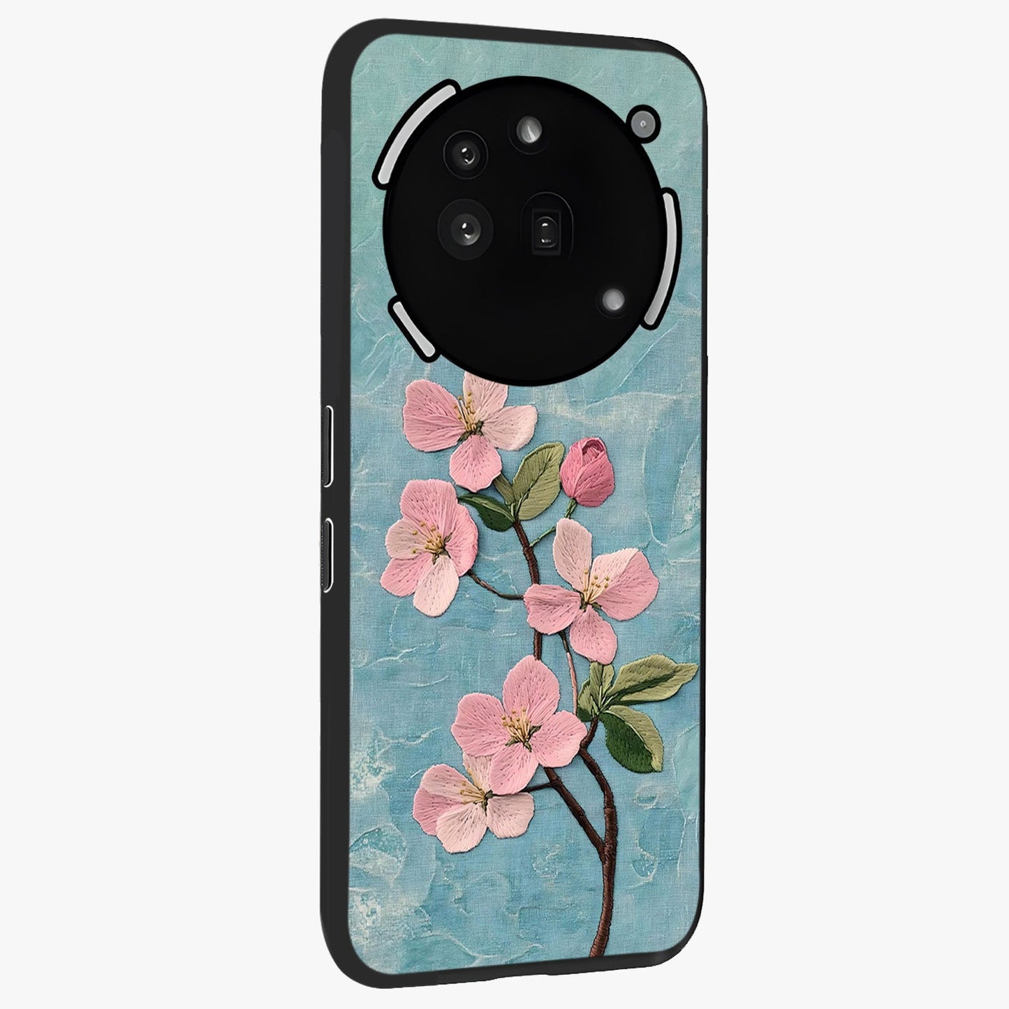 Threaded Blossom Breeze Glass Case upright view showcasing graceful flower artwork with calm botanical theme.