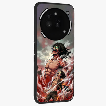 Titan Awakening Fury Glass Case upright view showcasing intense titan artwork with epic fantasy theme.