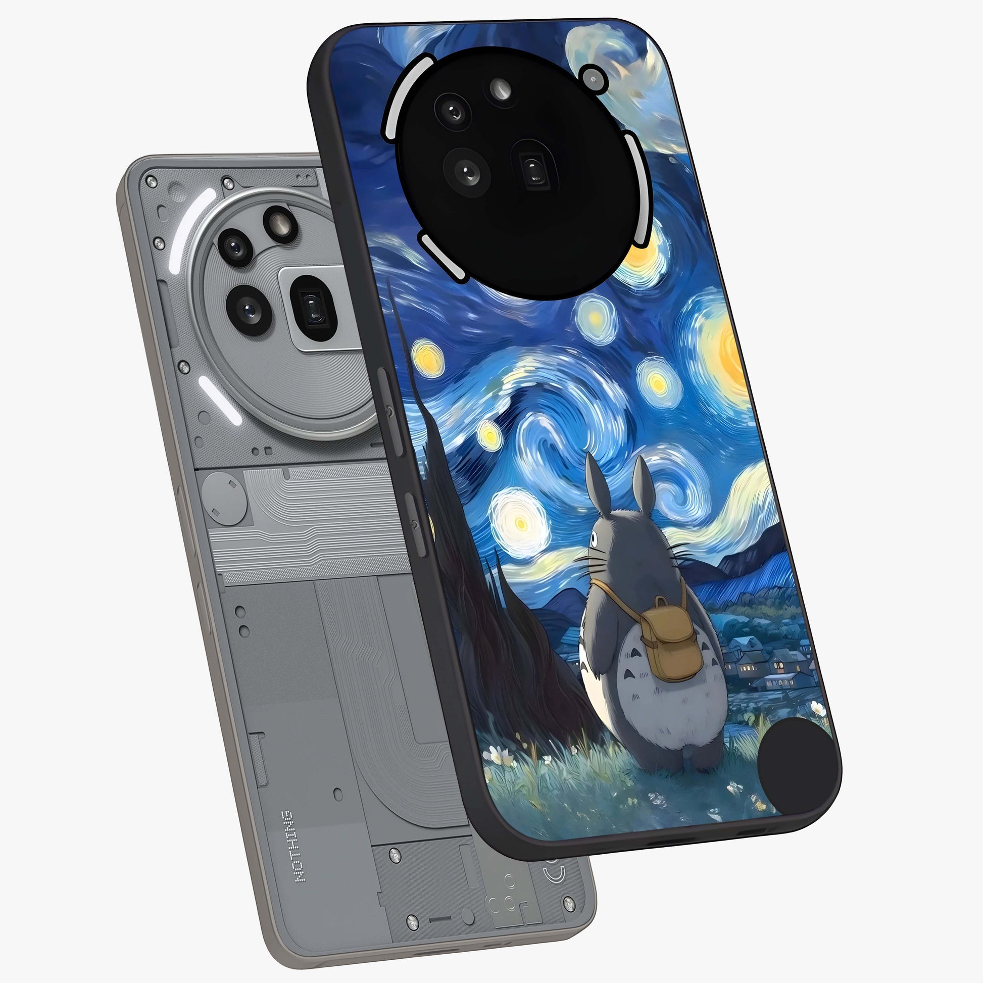 Totoro In Van Gogh Art Glass Case displayed in angled mockup highlighting artistic swirling sky design with playful animation aesthetic.