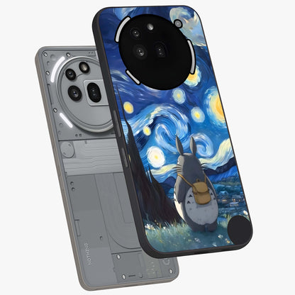 Totoro In Van Gogh Art Glass Case displayed in angled mockup highlighting artistic swirling sky design with playful animation aesthetic.