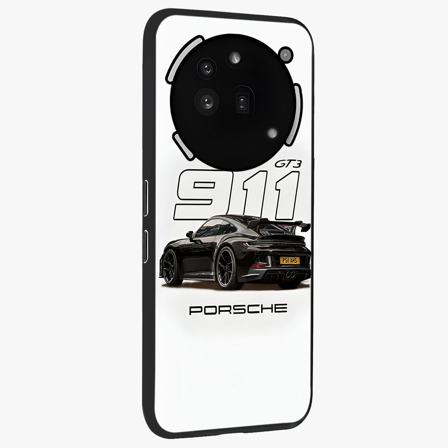 Turbo Legacy Icon Glass Case upright view showcasing bold racing inspired artwork with classic car theme.