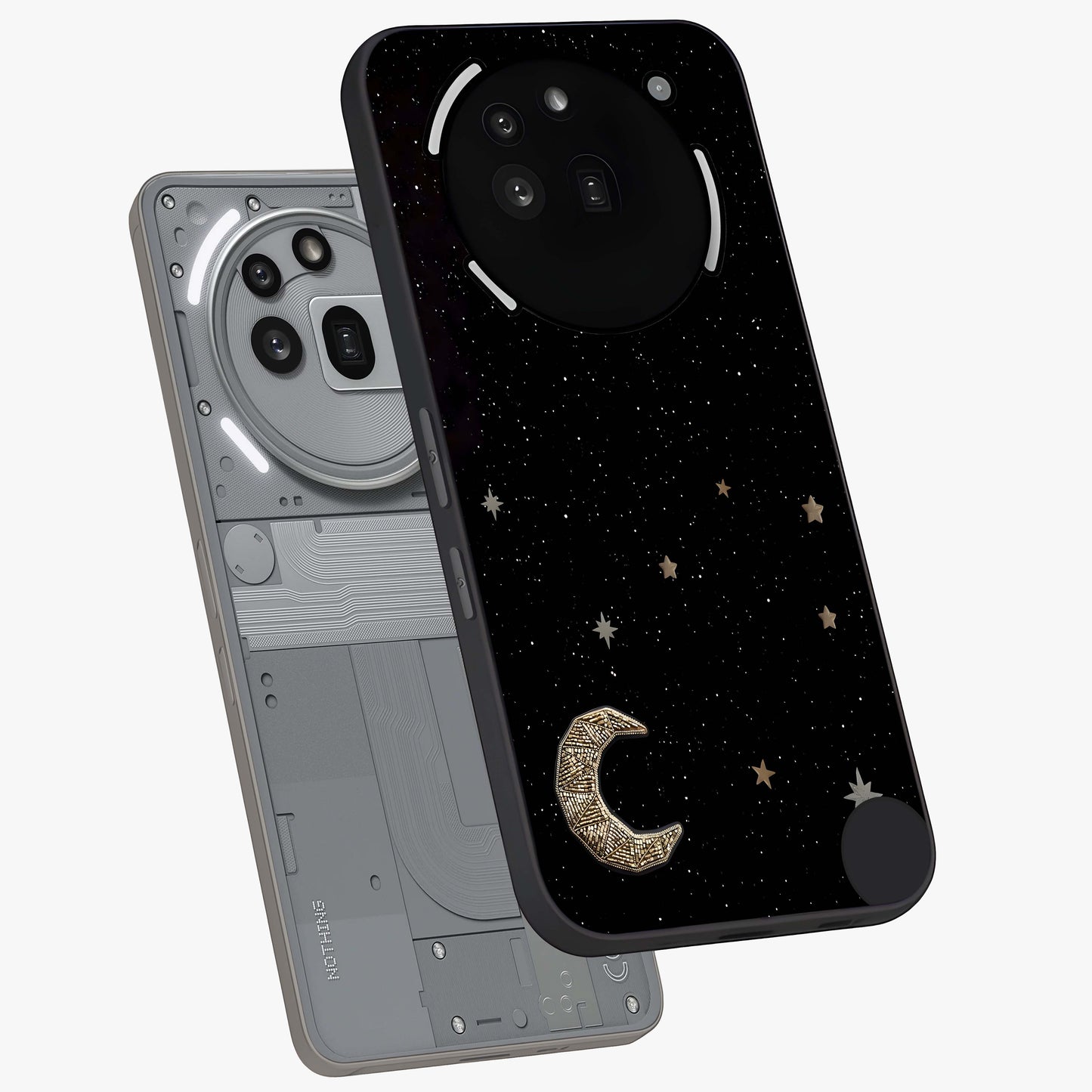 Twinkle Star With Half Moon Glass Case displayed in angled mockup highlighting celestial moon and star design with magical aesthetic.