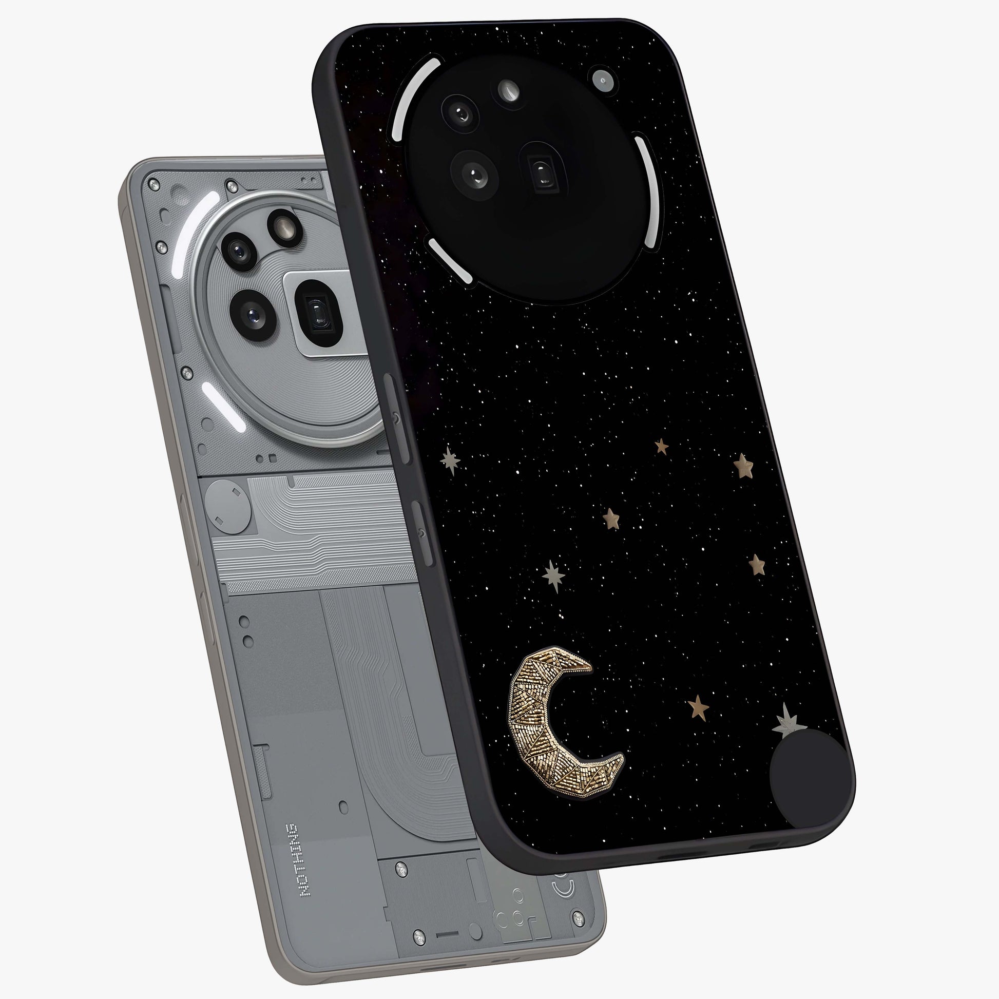 Twinkle Star With Half Moon Glass Case displayed in angled mockup highlighting celestial moon and star design with magical aesthetic.
