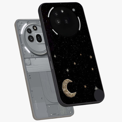 Twinkle Star With Half Moon Glass Case displayed in angled mockup highlighting celestial moon and star design with magical aesthetic.