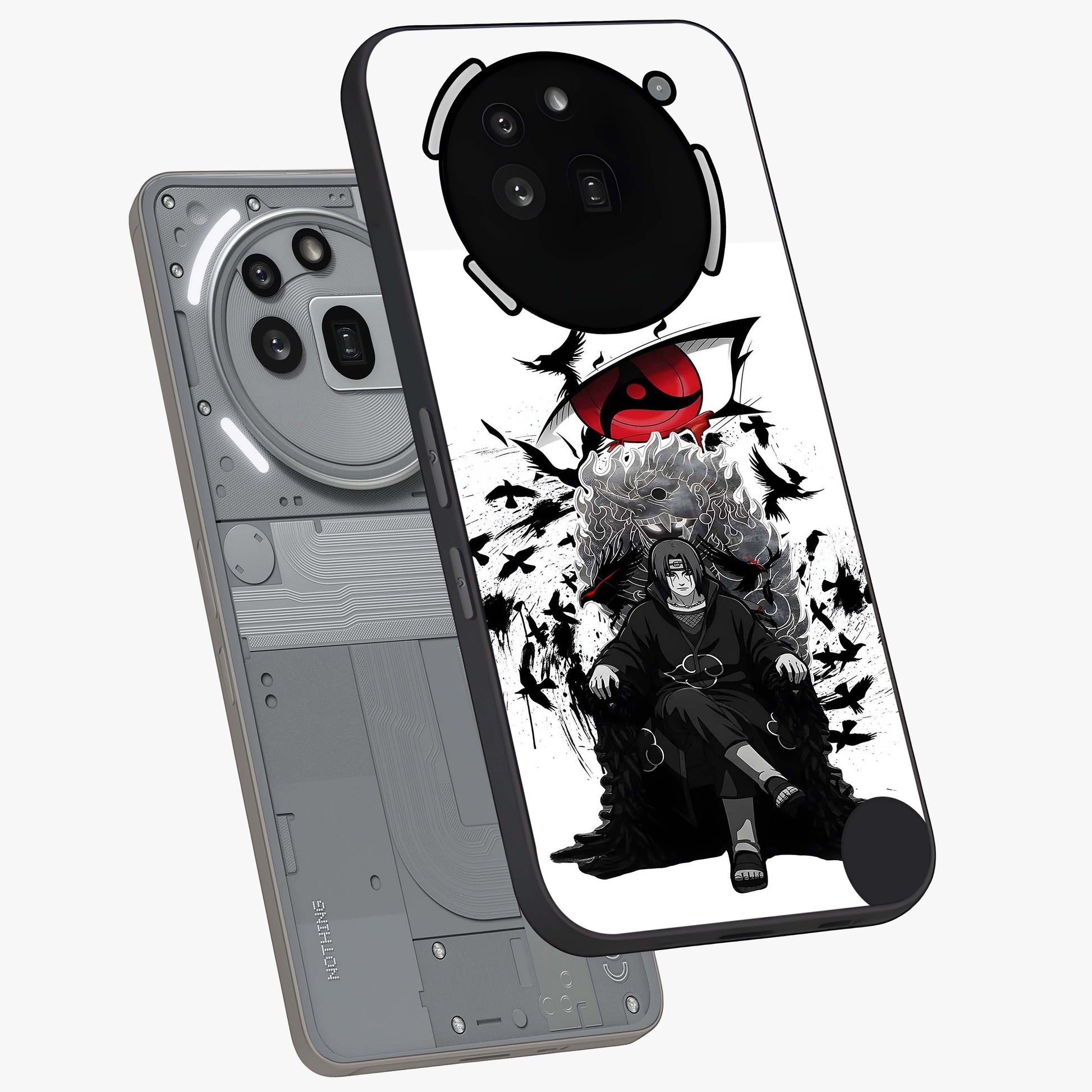 Uchiha Shadow Throne Glass Case displayed in angled mockup highlighting glowing aquatic design with celestial aesthetic.