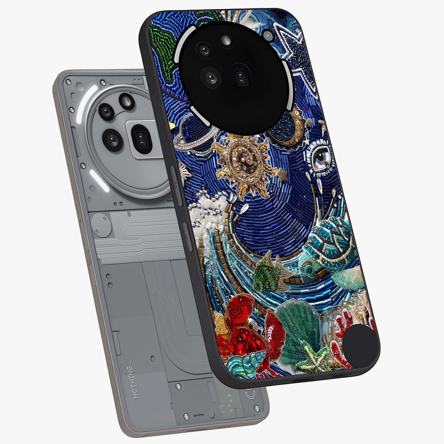 Universe Underwater Spark Glass Case displayed in angled mockup highlighting glowing aquatic design with celestial aesthetic.
