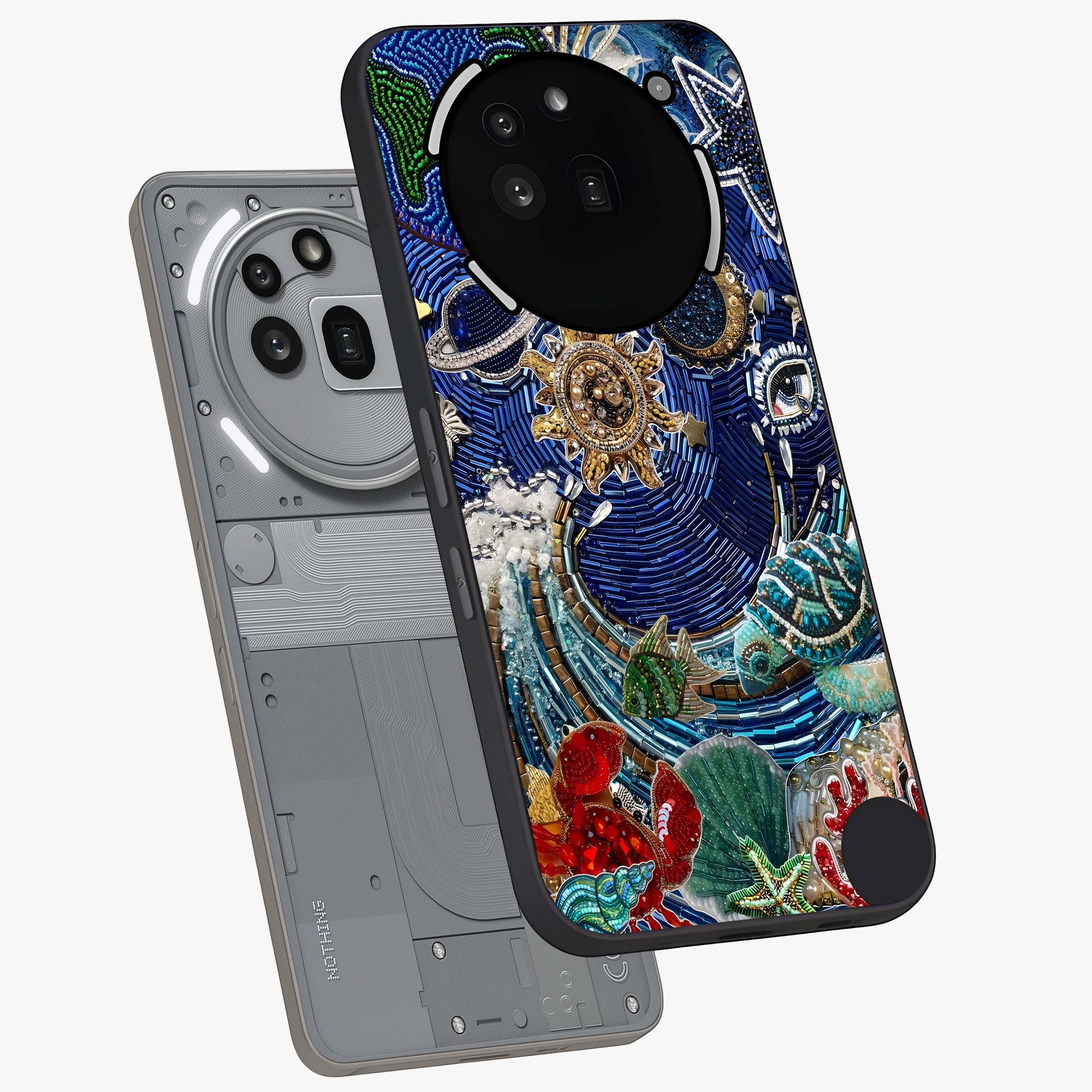 Universe Underwater Spark Glass Case displayed in angled mockup highlighting glowing aquatic design with celestial aesthetic.