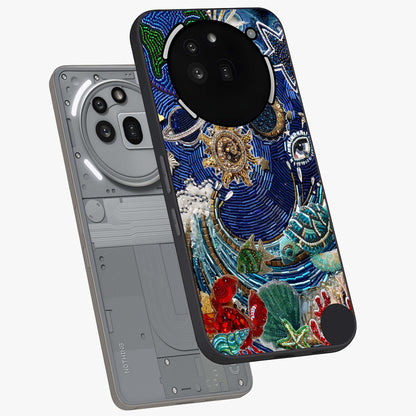 Universe Underwater Spark Glass Case displayed in angled mockup highlighting glowing aquatic design with celestial aesthetic.