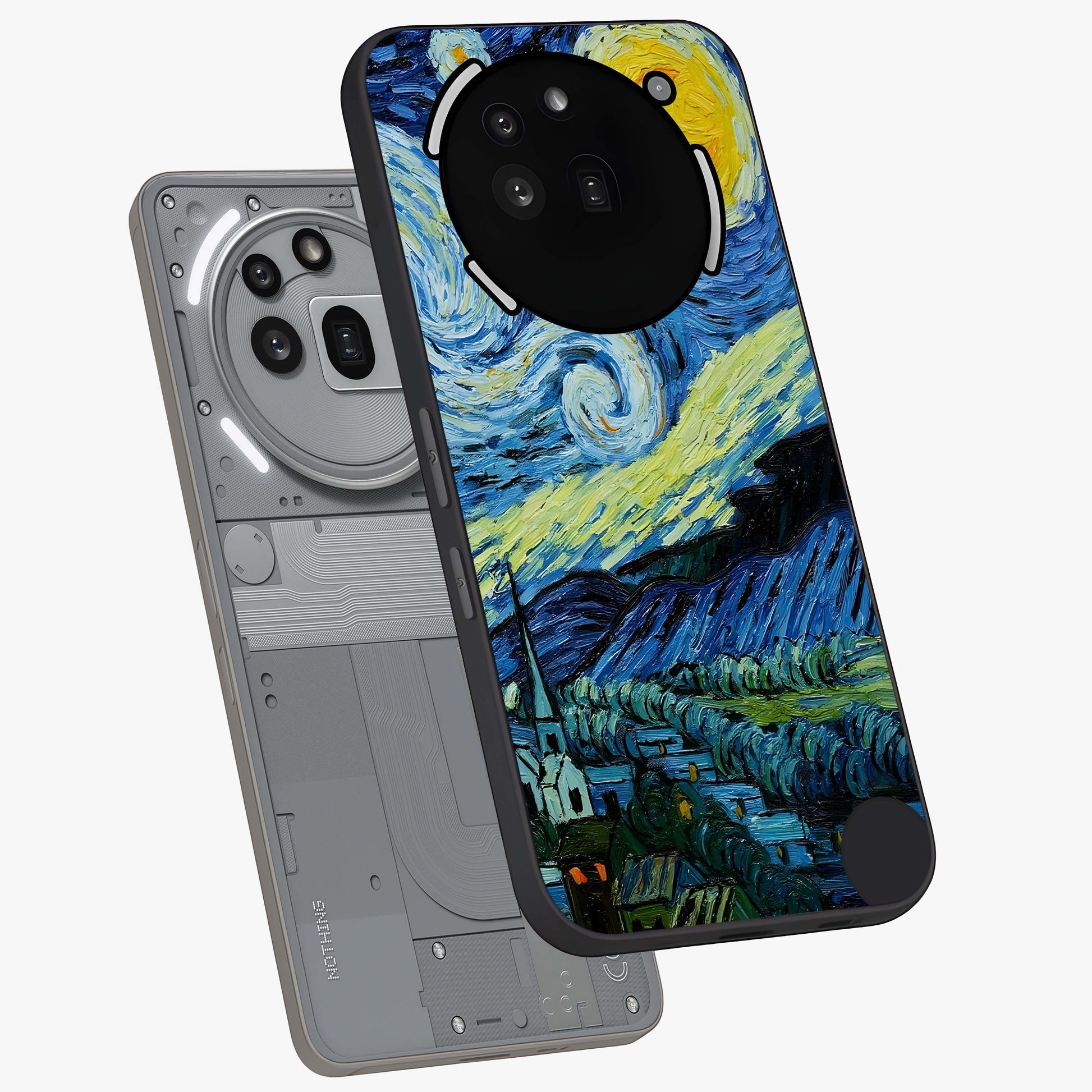 Van Gogh Art Glass Case displayed in angled mockup highlighting swirling brushstroke design with artistic aesthetic.