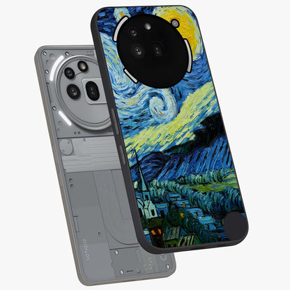 Van Gogh Art Glass Case displayed in angled mockup highlighting swirling brushstroke design with artistic aesthetic.
