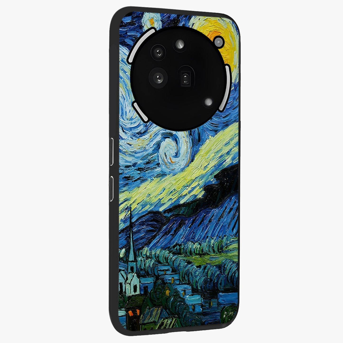 Van Gogh Art Glass Case upright view showcasing expressive painting style artwork with timeless artistic theme.