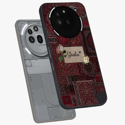 Velvet Wine Pattern Custom Name Glass Case displayed in angled mockup highlighting decorative velvet inspired design with custom name feature.