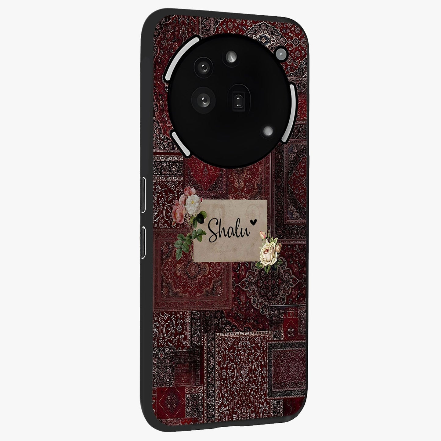 Velvet Wine Pattern Custom Name Glass Case upright view showcasing luxurious wine toned artwork with personalized aesthetic.