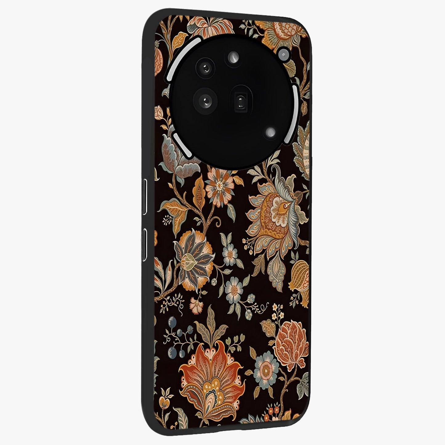 Vintage Floral Dream Glass Case upright view showcasing delicate floral artwork with timeless vintage theme.