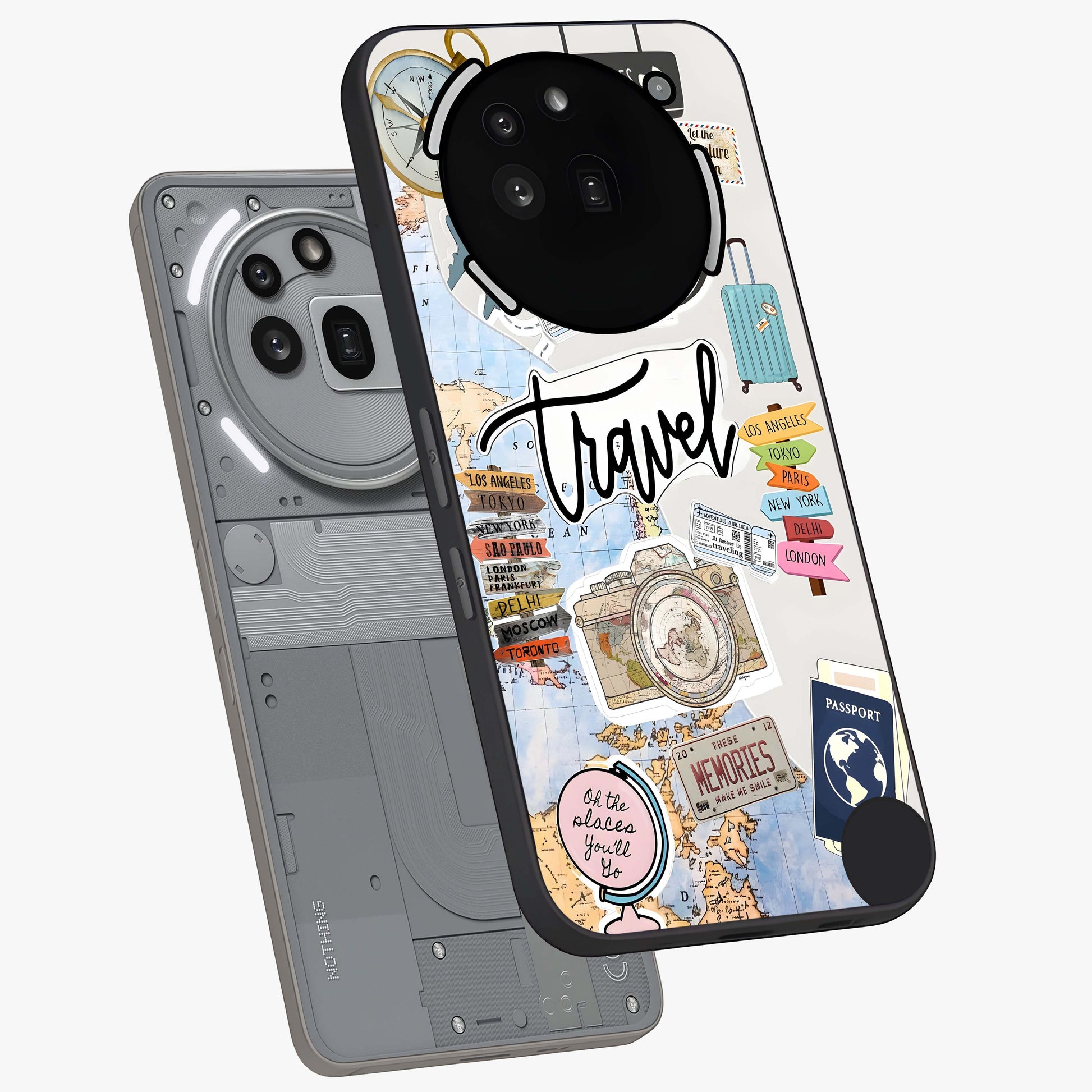 Wanderlust Journal Glass Case displayed in angled mockup highlighting adventure themed design with aesthetic travel vibe.