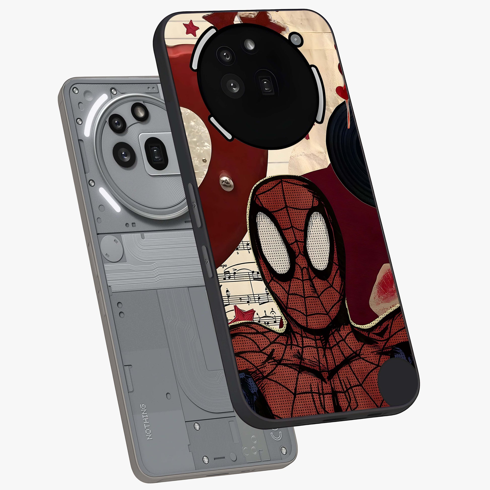 Web Warrior Vibes Glass Case displayed in angled mockup highlighting dynamic web design with comic style aesthetic.
