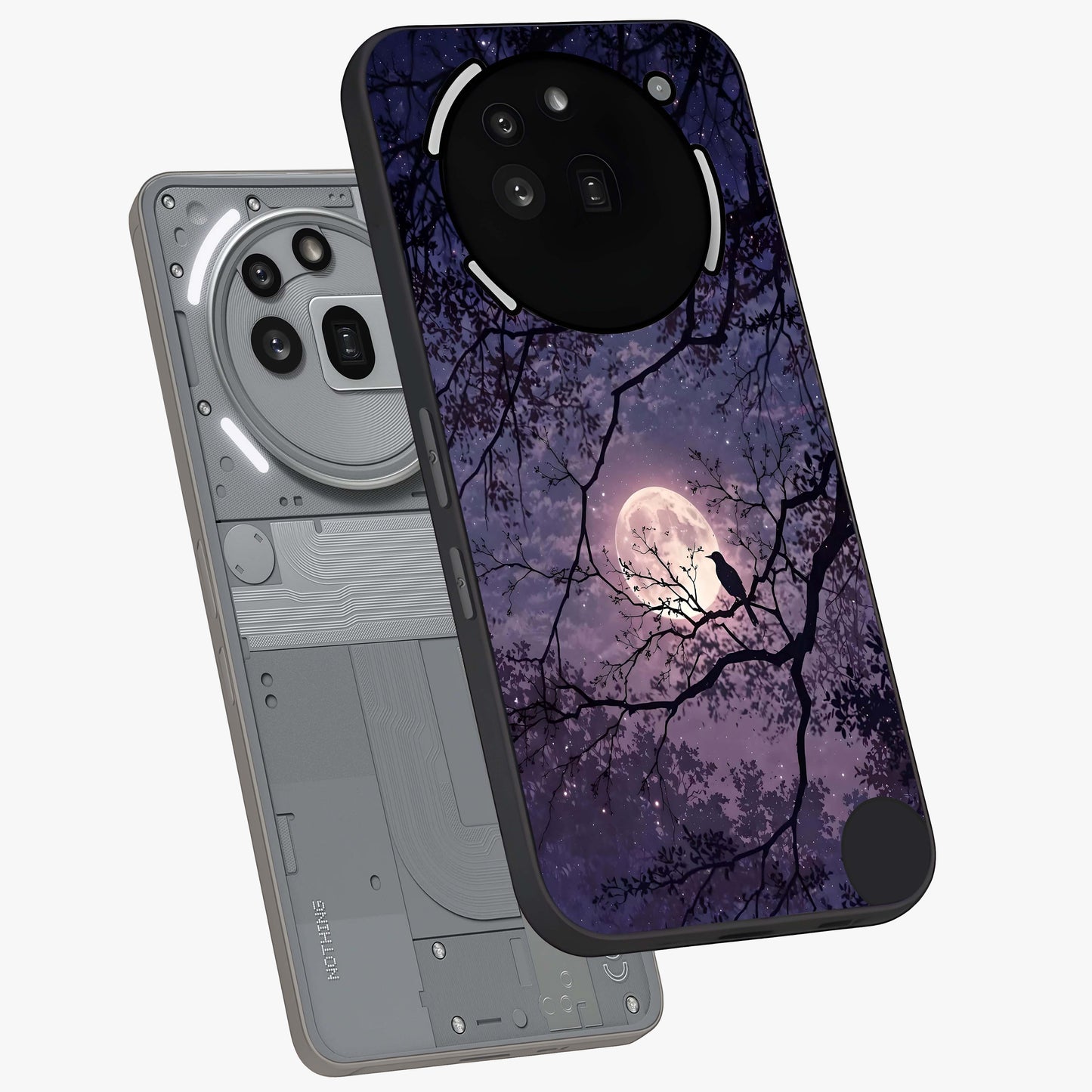 Whispering Moon Silence Glass Case displayed in angled mockup highlighting calm lunar design with dreamy night aesthetic.