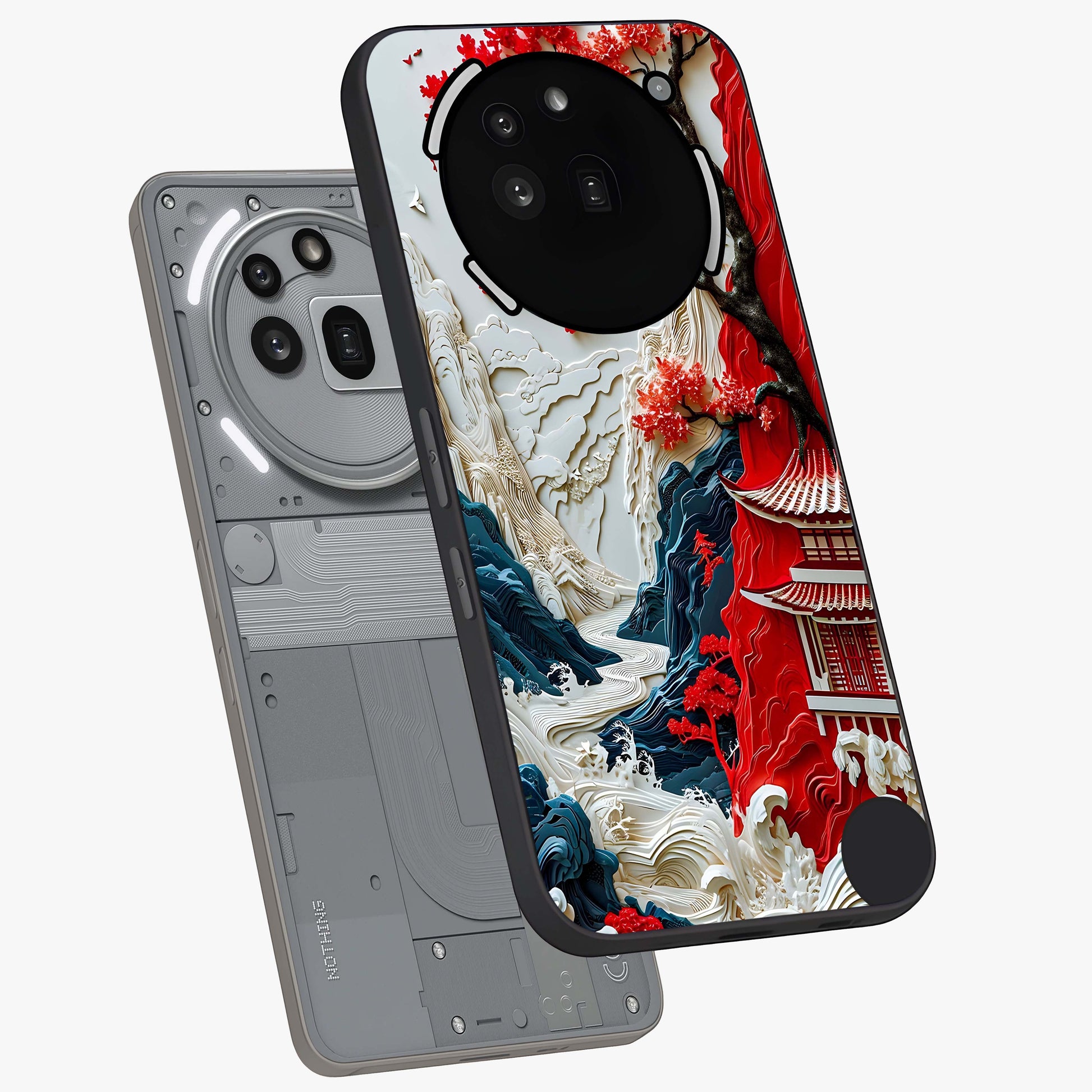 Whispers Of Sakura Waves Glass Case displayed in angled mockup highlighting flowing sakura design with soft floral aesthetic.