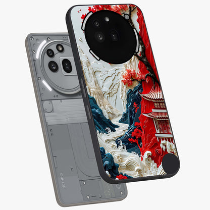 Whispers Of Sakura Waves Glass Case displayed in angled mockup highlighting flowing sakura design with soft floral aesthetic.