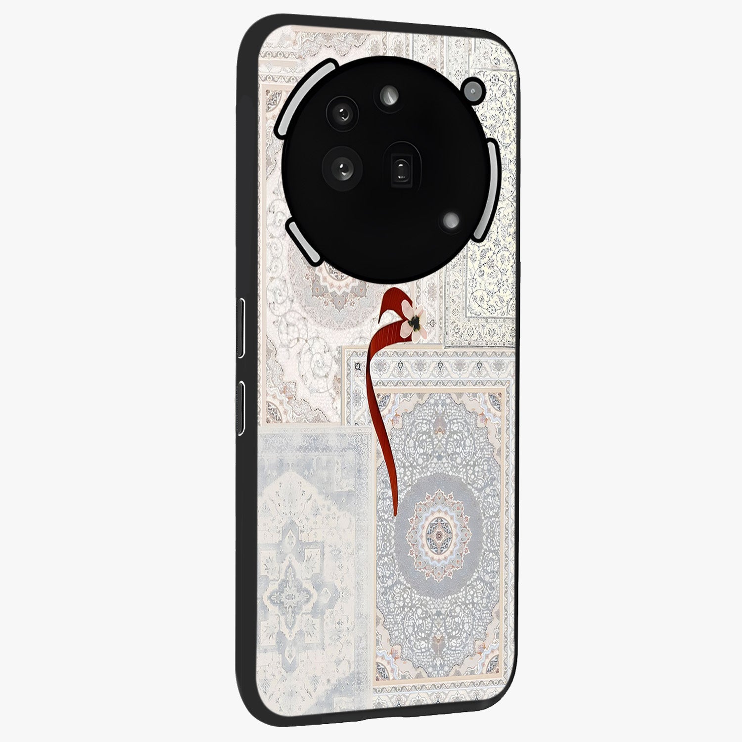 White Aesthetic Bow Glass Case upright view showcasing delicate ribbon bow artwork with cute minimalist theme.