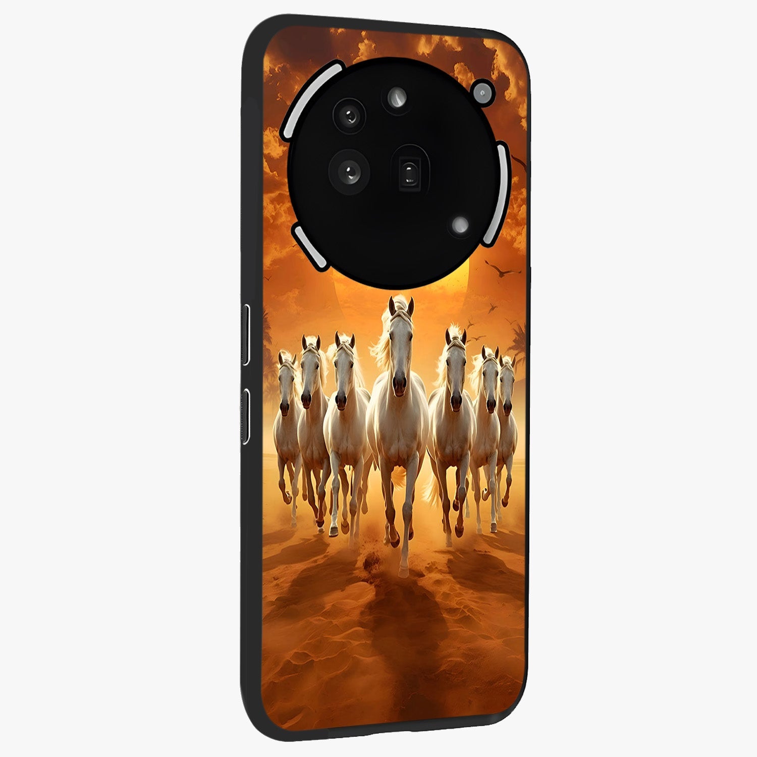 Wild Sunset Majesty Glass Case upright view showcasing dramatic sunset artwork with bold nature theme.