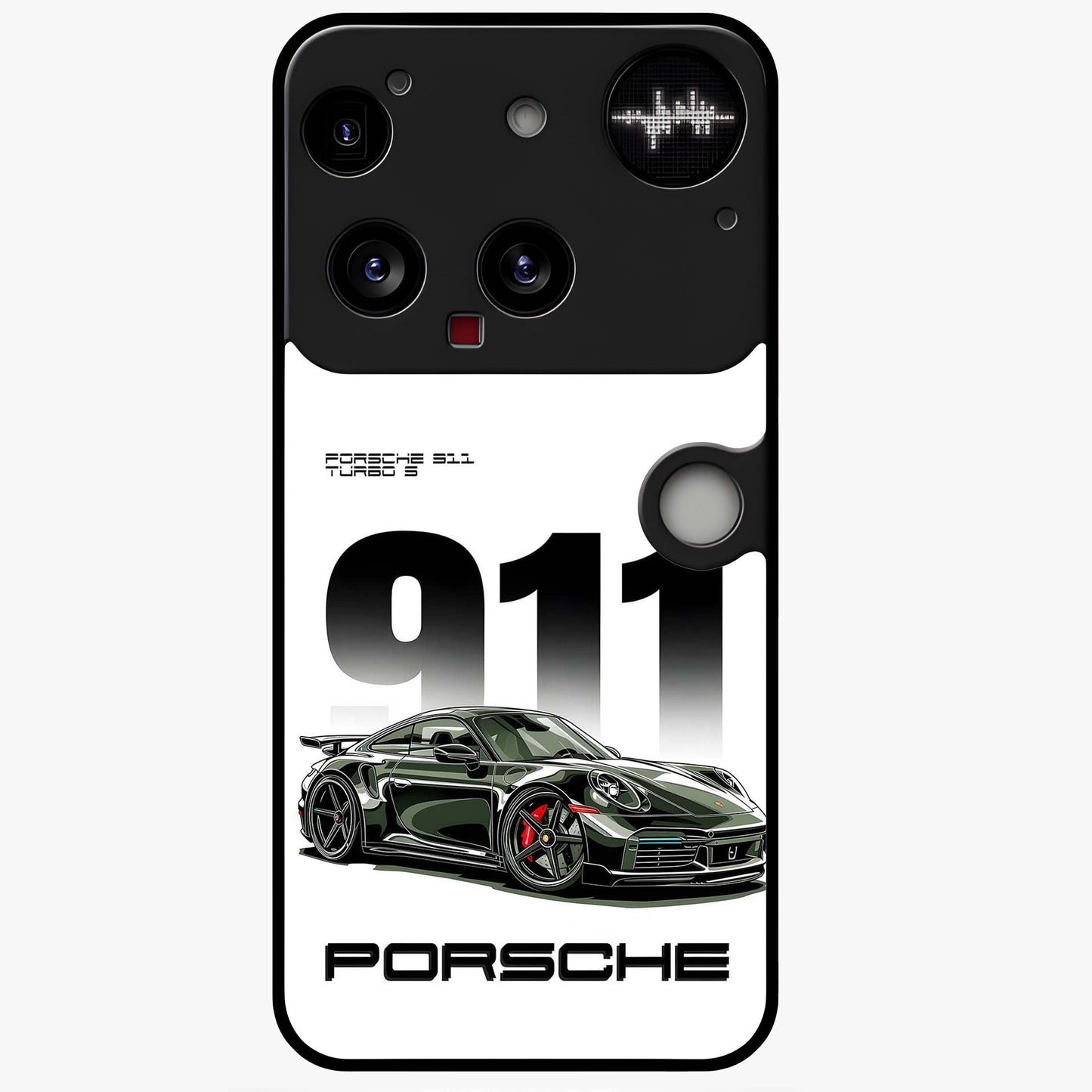 911 Turbo Dominance Glass Case showing clean flat back view with bold 911 sports car artwork and glossy glass finish.