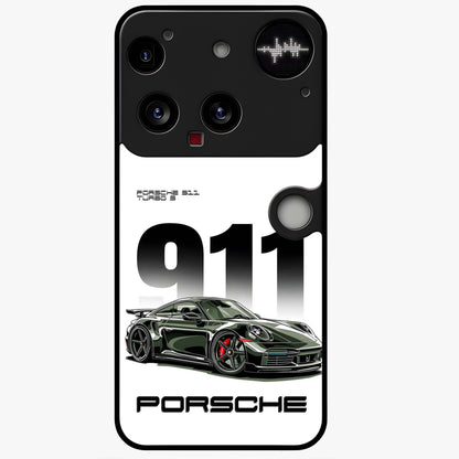 911 Turbo Dominance Glass Case showing clean flat back view with bold 911 sports car artwork and glossy glass finish.