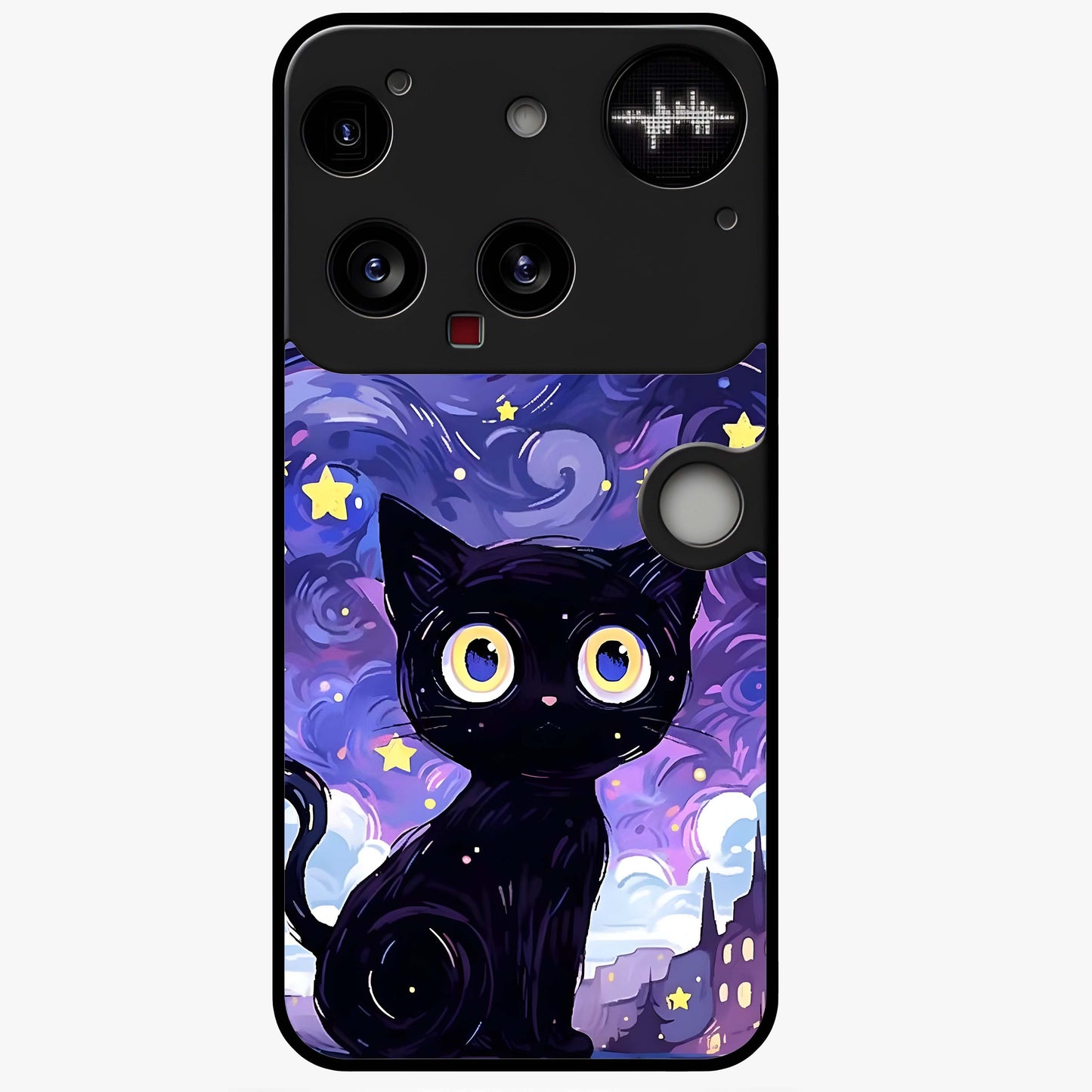 Abstract Cat Art Glass Case showing flat back view with artistic cat illustration and glossy glass finish.