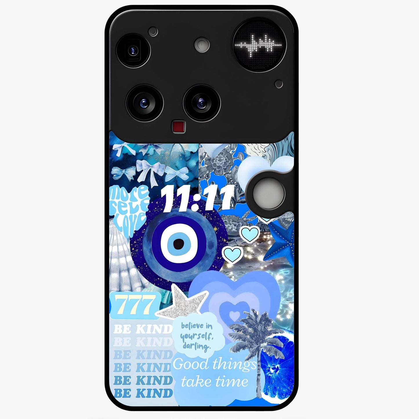 Aesthetic Be Kind Eye Glass Case showing flat back view with motivational eye artwork and glossy glass finish.