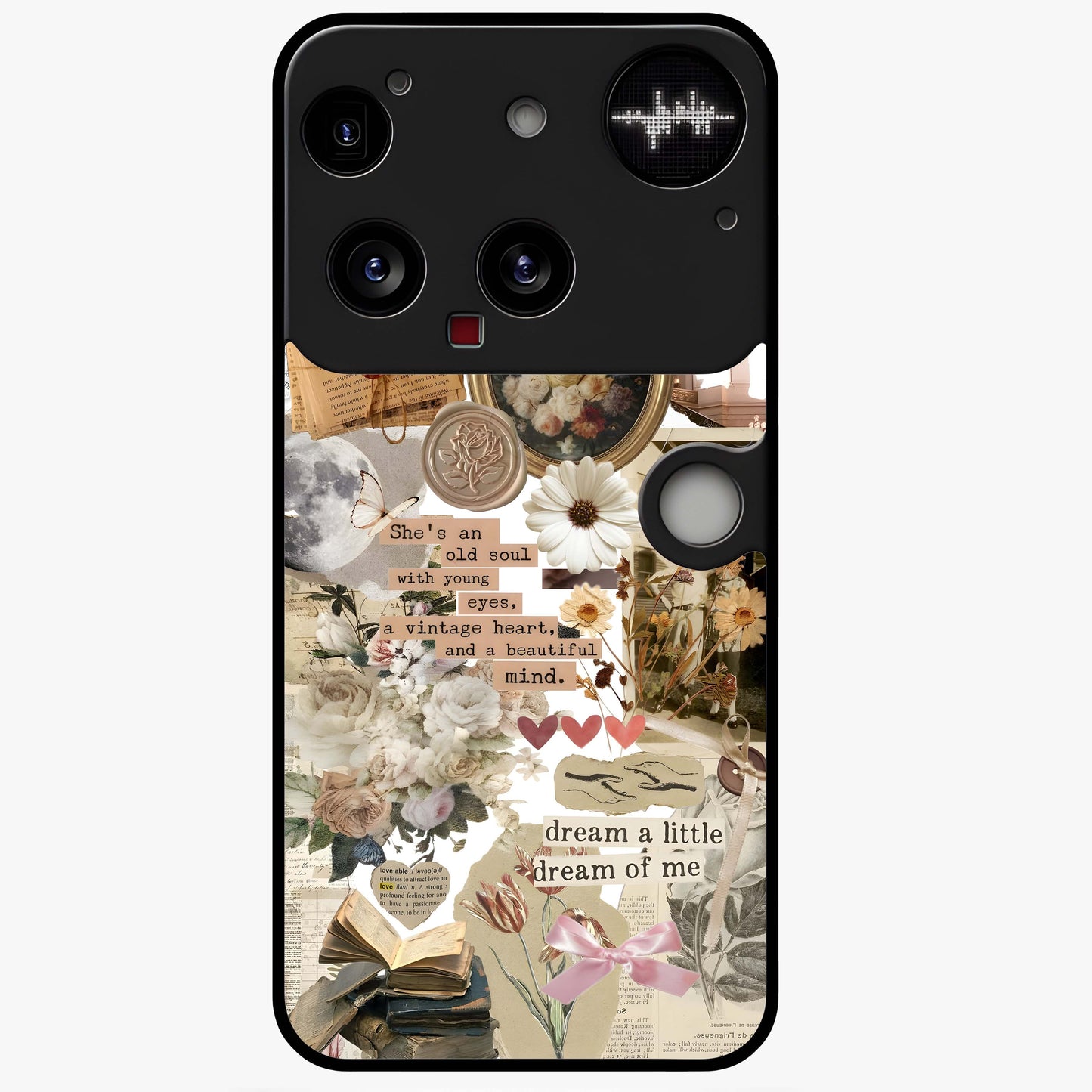 Aesthetic Brown Vintage Collage Glass Case showing flat back view with retro collage artwork and glossy glass finish.